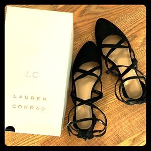 NIB LC Lauren Conrad Black Suede Strappy Flats